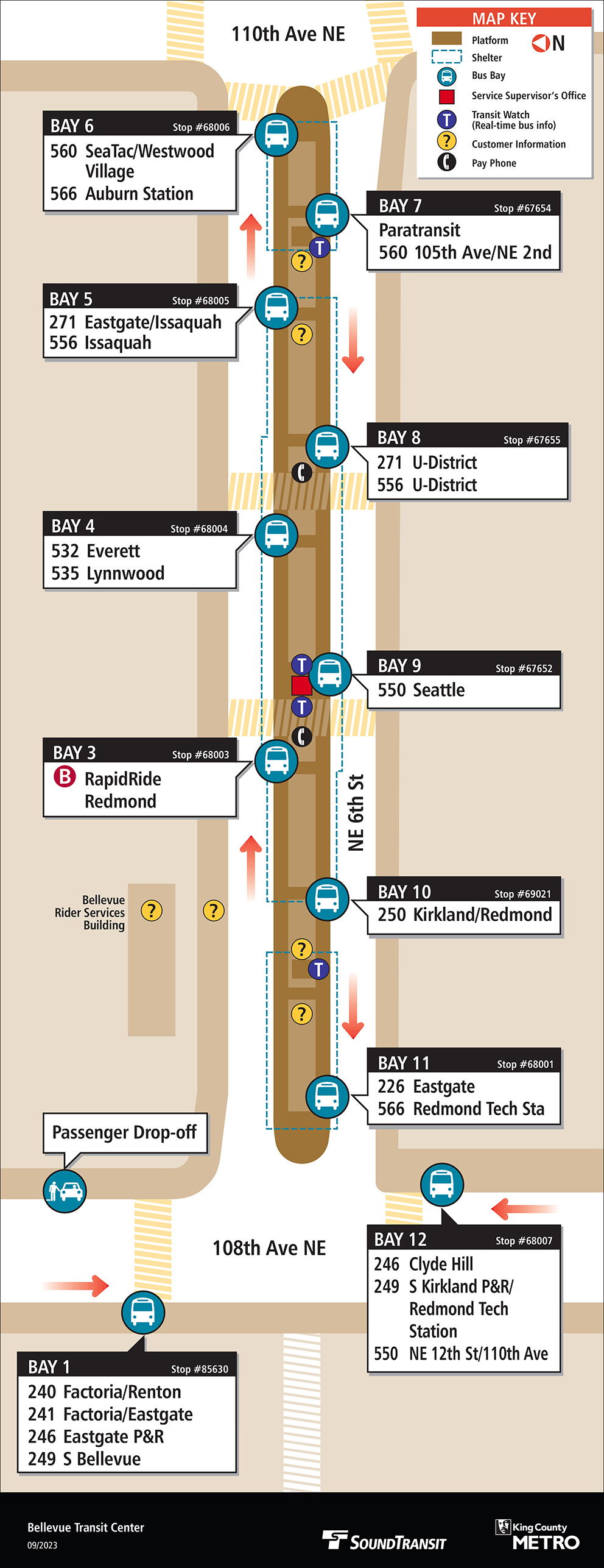 Map showing Bellevue Transit Center boarding locations