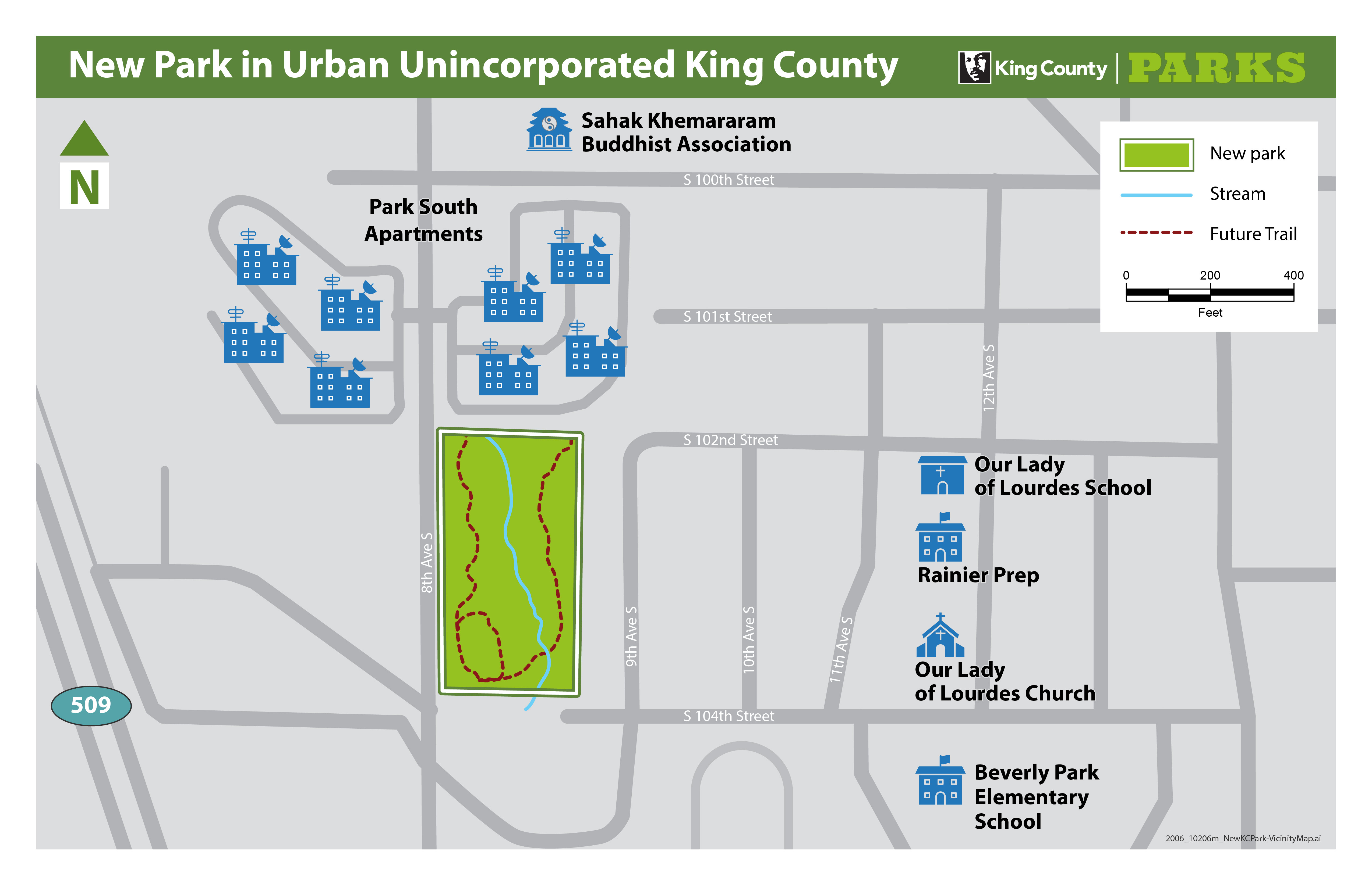 A map showing a new park in unincorporated King County.