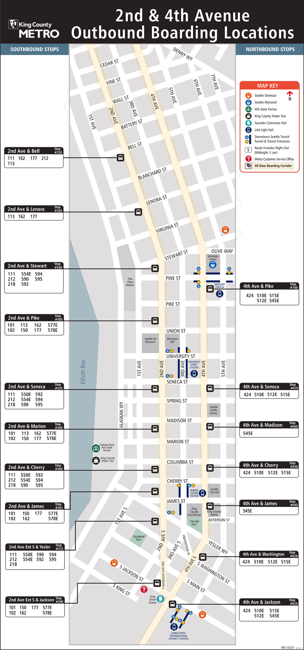 Map showing 2nd and 4th Avenue boarding locations