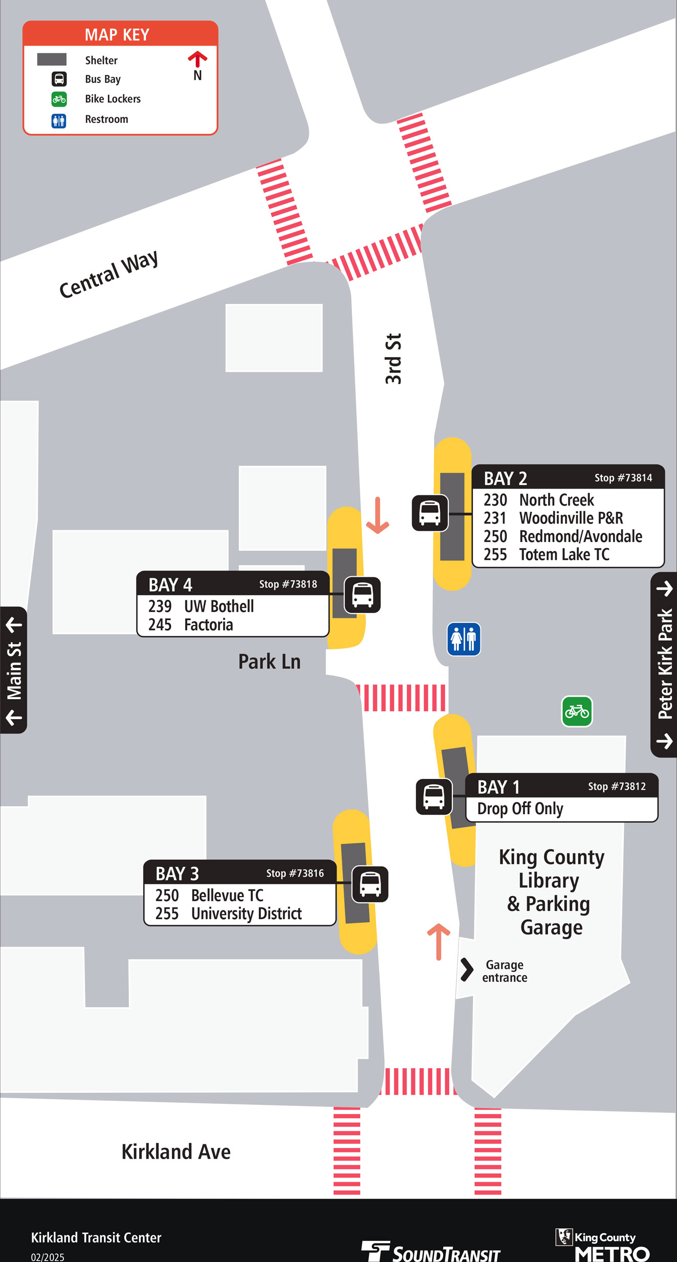 Map showing Kirkland Transit Center boarding locations