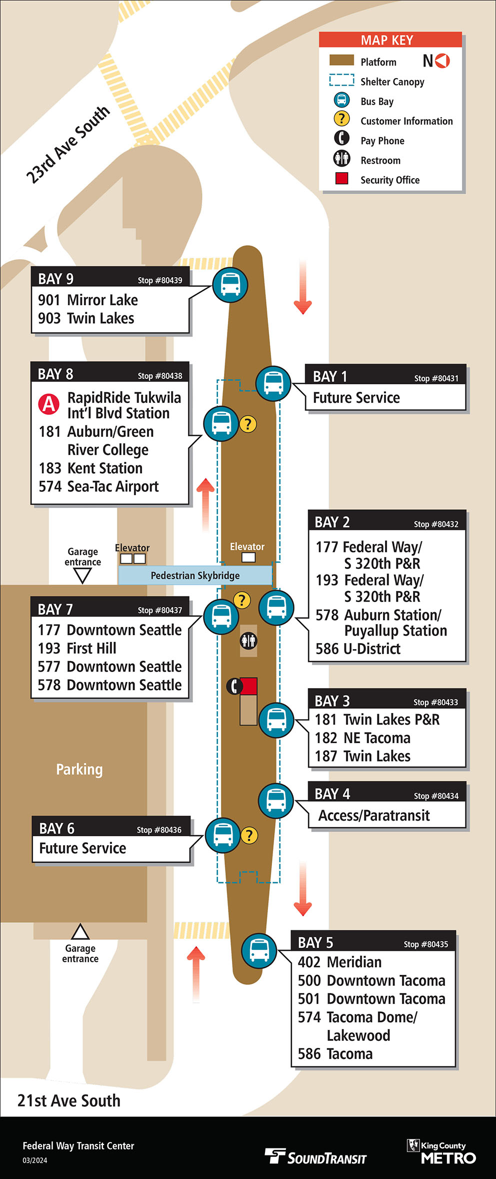 Map showing Federal Way Transit Center boarding locations