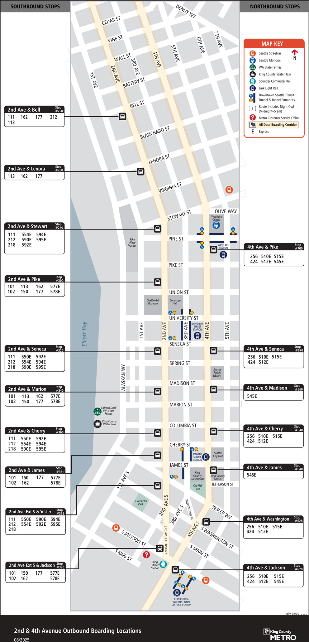 Map showing 2nd and 4th Avenue boarding locations