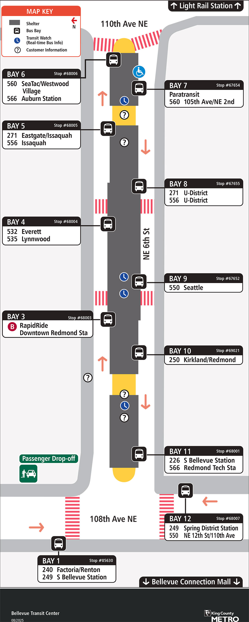Map showing Bellevue Transit Center boarding locations