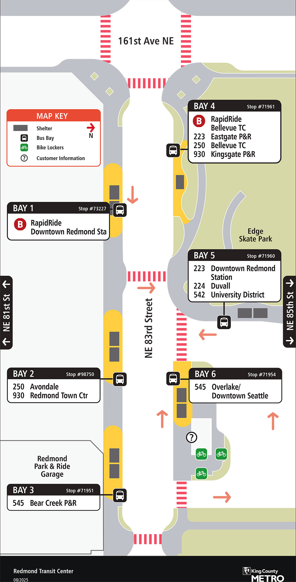 Map showing Redmond Transit Center boarding locations
