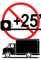 graphic showing a cargo truck, longer than 25 feet, with a red x through it