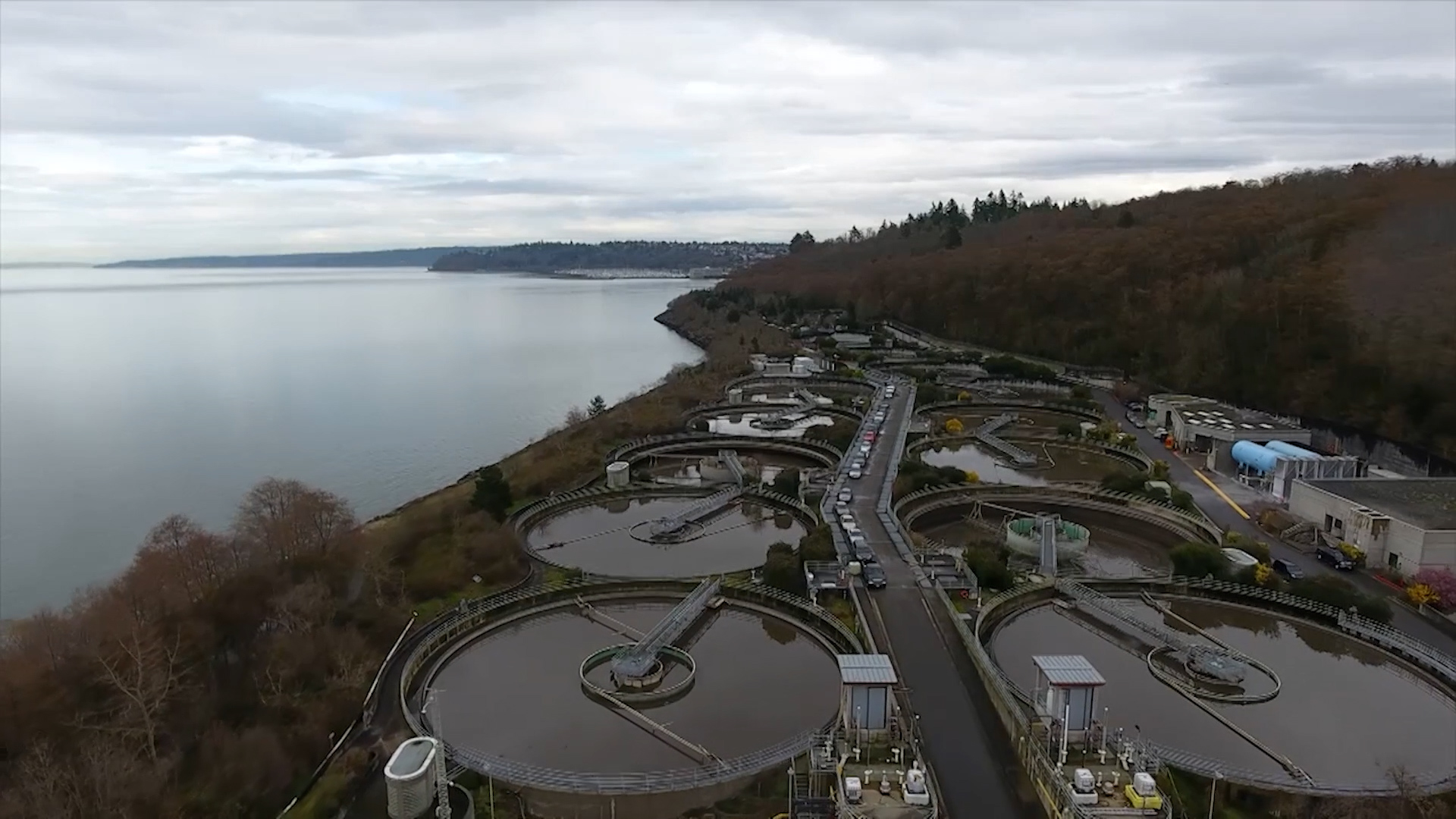 Aerial view of West Point Treatment Plant with Puget Sound in the background