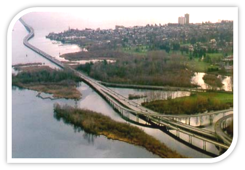 Image of the I-520 bridge from Seattle to the Eastside featuring a Health Impact Assessment study