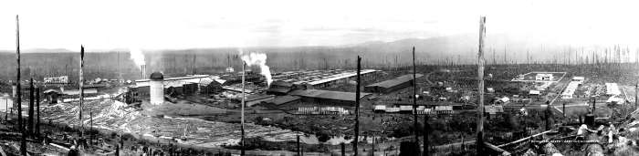 Panorama photo showing the town of Selleck, developed in the early 20th century as a lumber company town in the foothills of the Cascades.