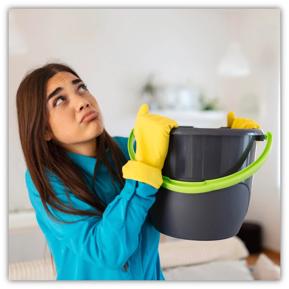 Woman holding a bucket under a dripping ceiling