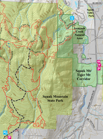 map of Cougar Mt, Squak Mt., and Tiger Mt.