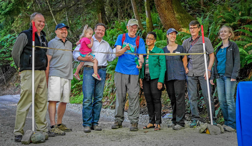 Group Photo: Paul Kundtz, Washington State Director-Trust for Public Land; Kurt Fraese, Board President - Mountains to Sound Greenway Trust ; Councilmember Reagan Dunn (and daughter Pemberley Jennifer Dunn); David Kappler,  President - Issaquah Alps Trails Club; Rhonda Berry, Chief of Operations-King County Executive’s Office,; Rebecca Lavigne, Trail Program Director - Washington Trails Association; Katy Terry, Assistant Division Director- King County