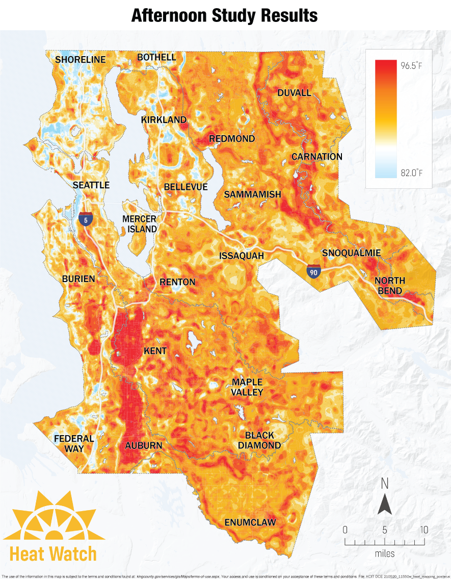 A map showing afternoon temperatures in King County.