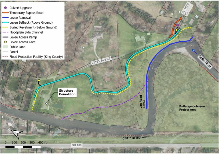 Map showing the design elements of the Jan Road Levee Setback project.