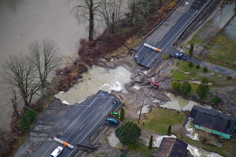 SR 202 near Fall City damaged by flooding in 2009.