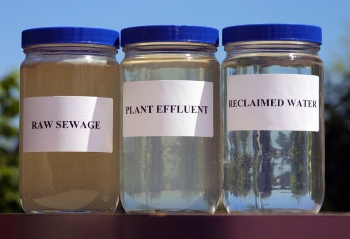 Three jars displaying raw sewage (cloudy with floating particulates), plant effluent (somewhat cloudy) and reclaimed water (clear). 