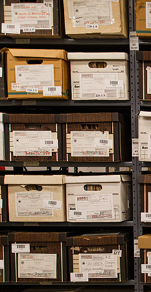 Records boxes on a range of grey metal shelves