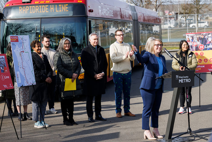 King County Metro launches the RapidRide H Line at Steve Cox Memorial Park in White Center on March 17, 2023.
