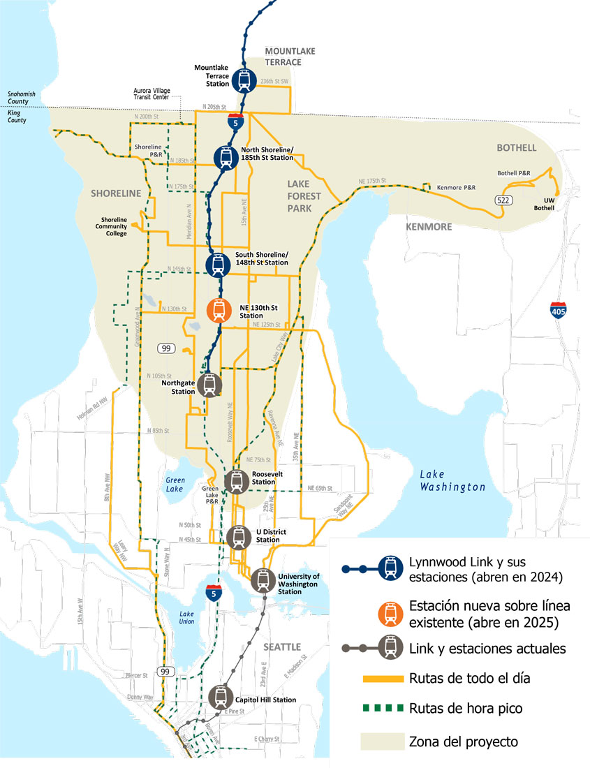 Lynnwood Link Connections current Network Area Map (Spanish)