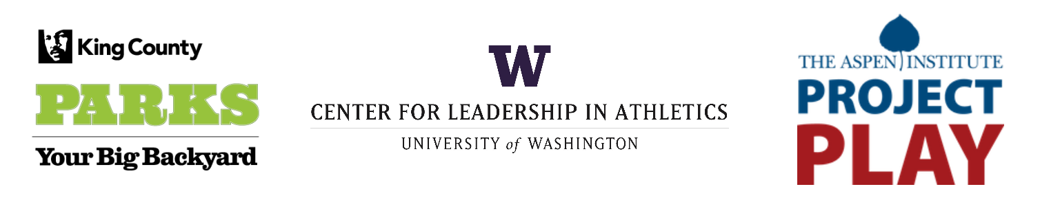 Logos for King County Parks, UW Center for Leadership in Athletics, and the Aspen Institute Project Play