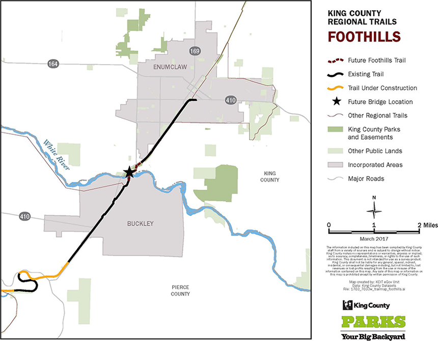 Foothills Trail map showing the planned bridge crossing the White River, connecting King County and Pierce County