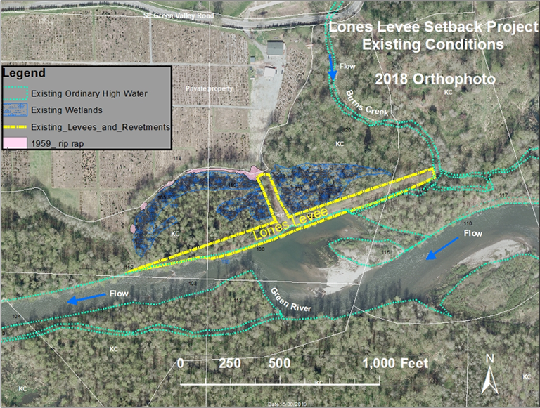 Aerial photo of Green River with Lones Levee existing conditions