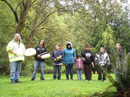 Ceremonial drumming by Snoqualmie Tribe members at the Ebright Creek kokanee fry release, 2010