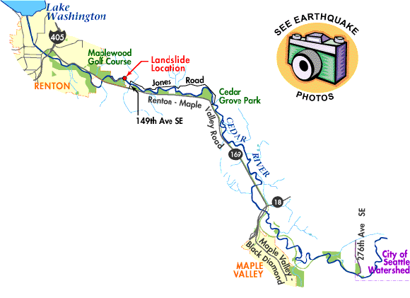 Vicinity map showing the location of the slide, midway between the maplewood golf course and 149th Ave. SE