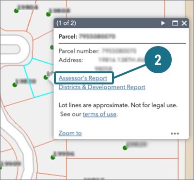 Step 2 - Click on your parcel on the map, and open the Assessor’s Report from the popup screen