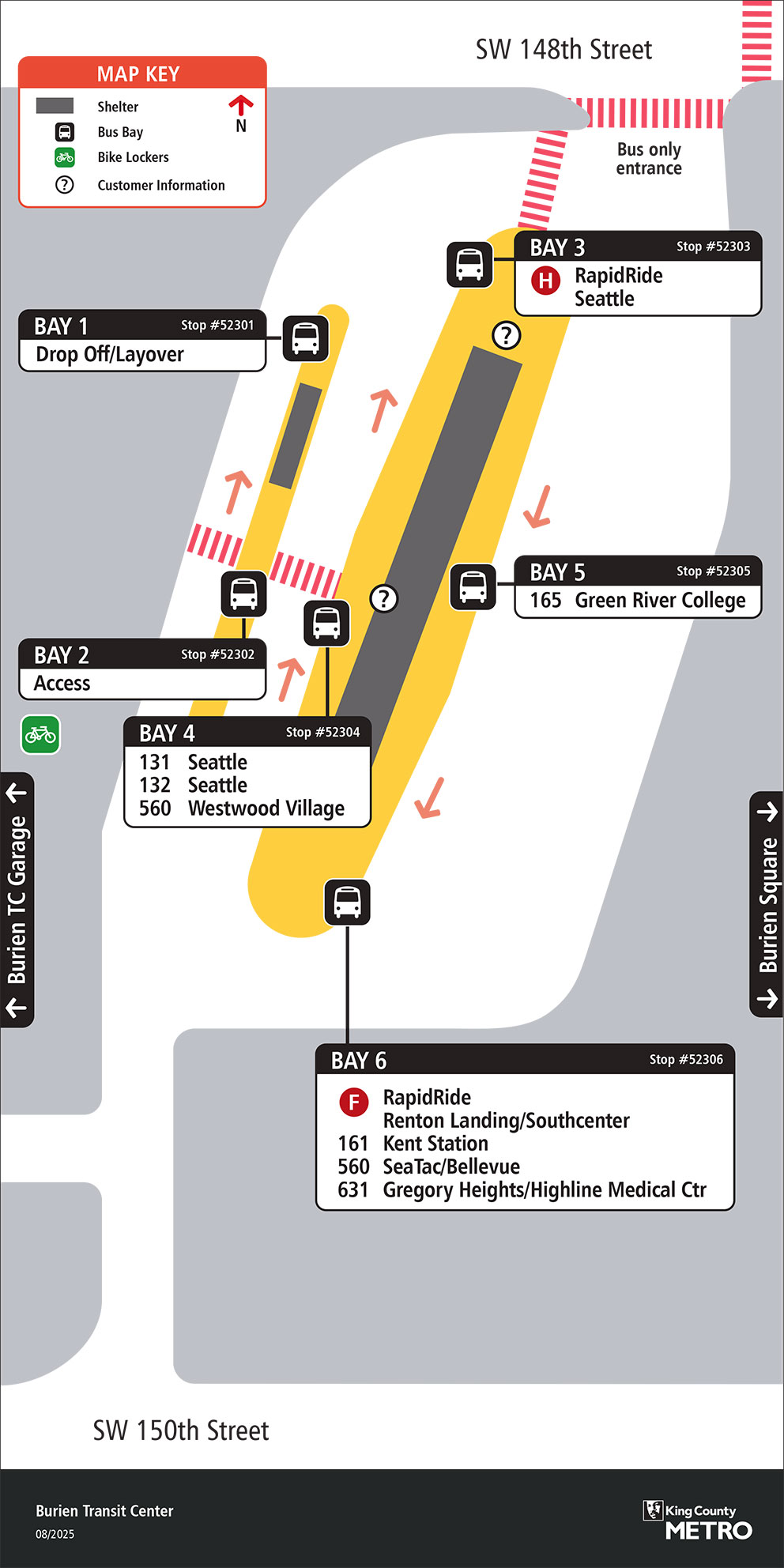 Map showing Burien Transit Center boarding locations