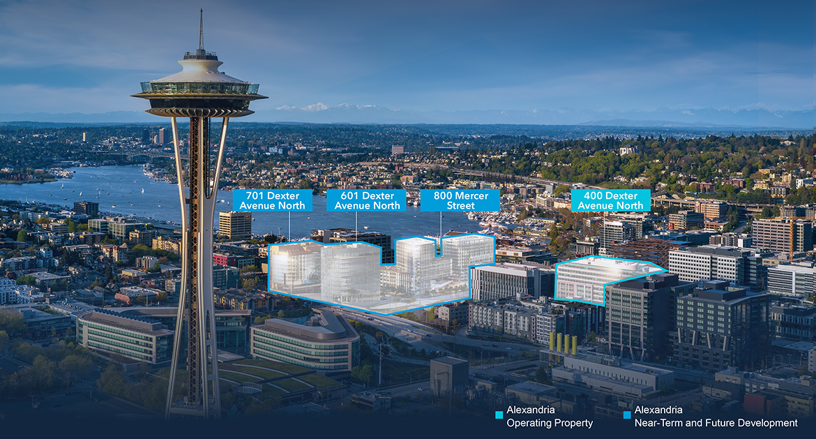 Aerial photo showing the Space Needle with the new South Lake Union life sciences campus including  existing and planned buildings at 701 Dexter Avenue North, 601 Dexter Avenue North, 800 Mercer Street and 400 Dexter Avenue North