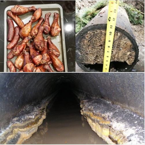 collage of photos: pan of fried chicken legs, sewer pipe clogged by grease, larger sewer pipe with grease hardened along the walls limiting flow