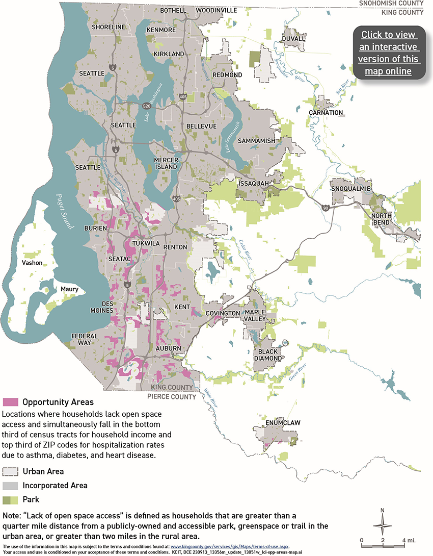 Land conservation opportunity areas map, showing locations where households lack open space access and simultaneously fall in the bottom third of census tracts for household income and top third of zip codes for hospitalization rates due to asthma, diabetes and heart disease.
