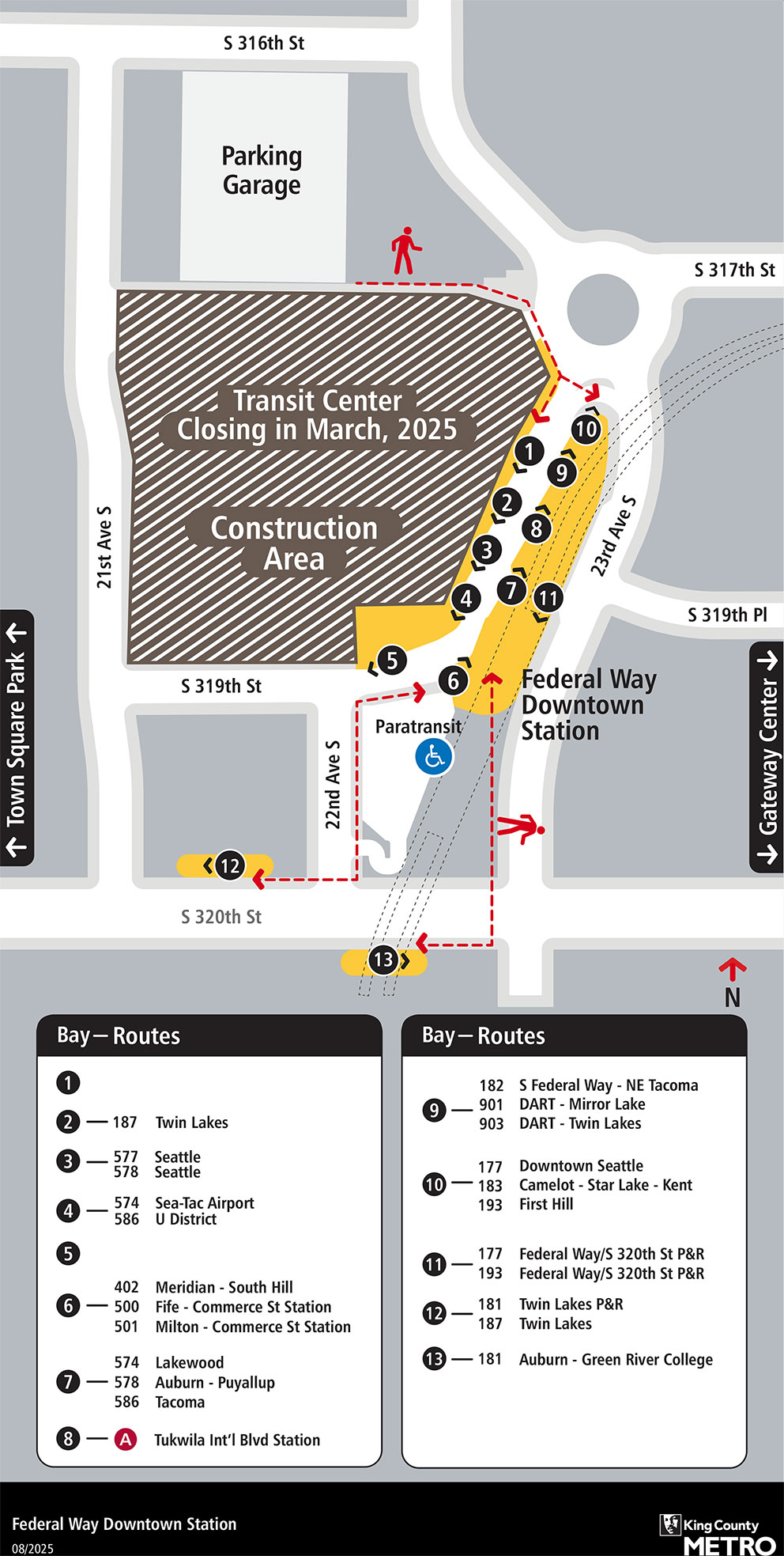 Map showing Federal Way Downtown Station boarding locations