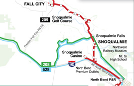 Section of map for Snoqualmie community shuttle, Route 628