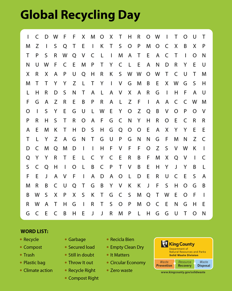 Global Recycling Day word search puzzle