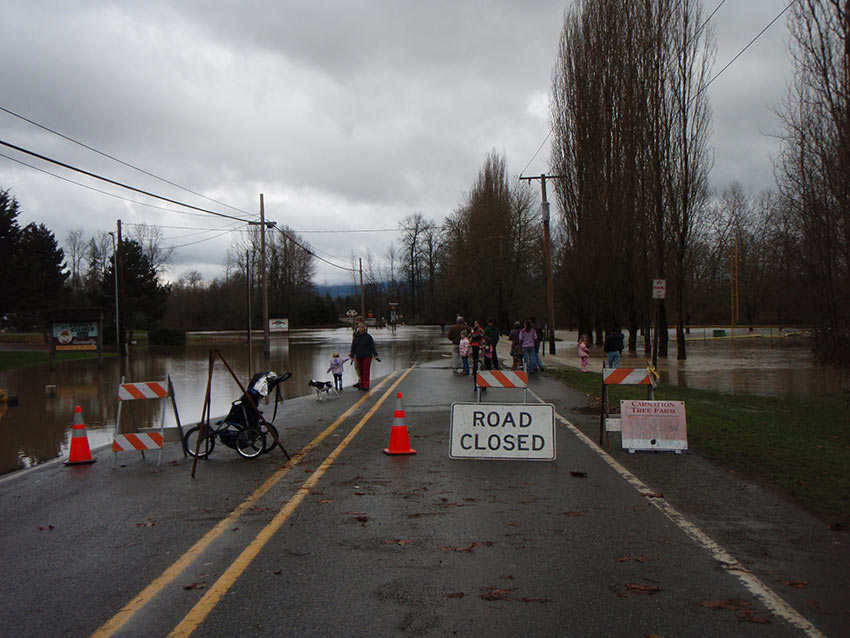 Photo of January 2009 flood closure of SR 203 north of the bridge