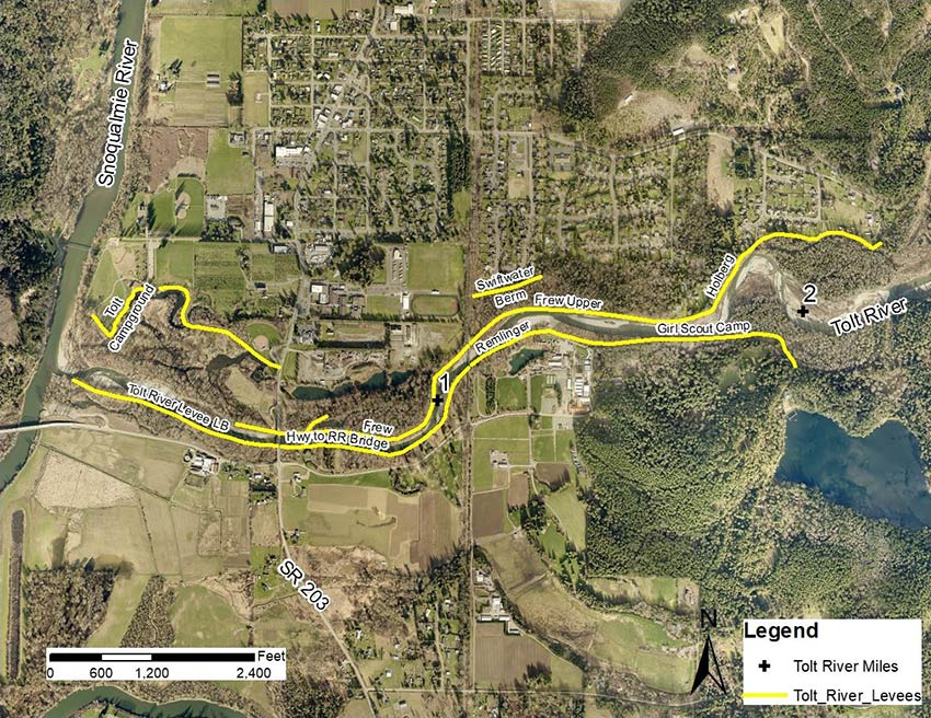 Aerial map of the Tolt River Levee level of service analysis study area, between river miles 0 and 2.2