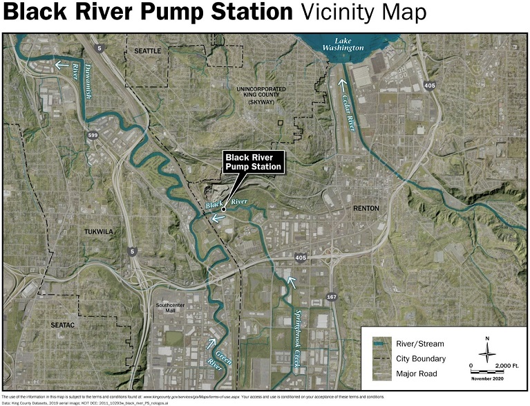 Black River Pump Station shown on a map near the Green River with Tukwila to the west and Renton to the east.
