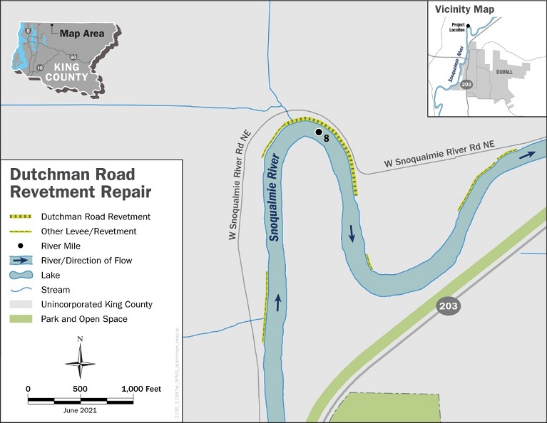 The Dutchman Road Revetment Repair Project on a map pictured north of the City of Duvall.