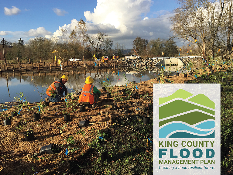 Two people add native plants to the landscape with a river behind them; the King County Flood Management Plan logo is on the photo.