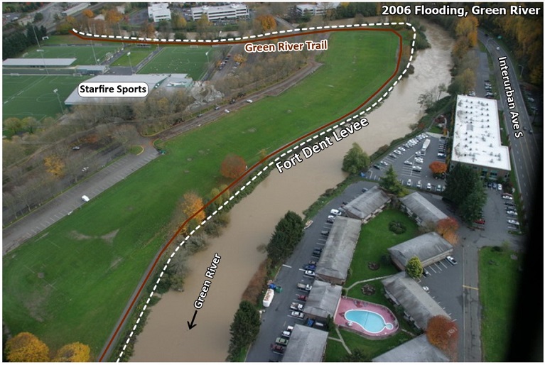 Photo of the Fort Dent Levee providing flood and erosion protection to the Green River Trail, Fort Dent Park and Starfire Sports during a flood event in 2006.