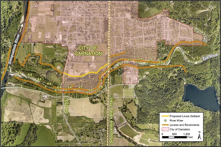 Map of Lower Frew Levee Setback project location north of the Tolt River in the City of Carnation.