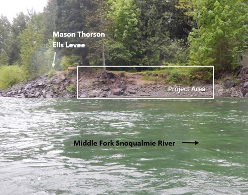 The Mason Thorson Ells Levee is pictured with the damage on the downstream end and Middle Fork Snoqualmie River in the foreground.