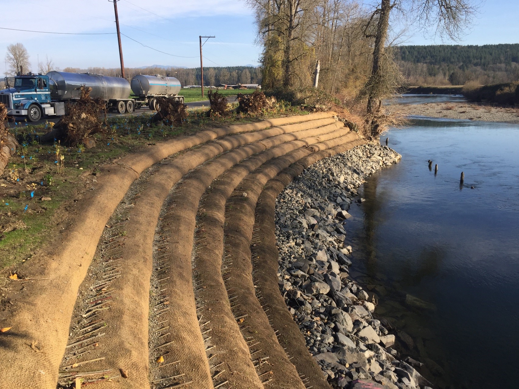 The view, looking downstream, of the SE 19th Way Road Protection Project on the Snoqualmie River.