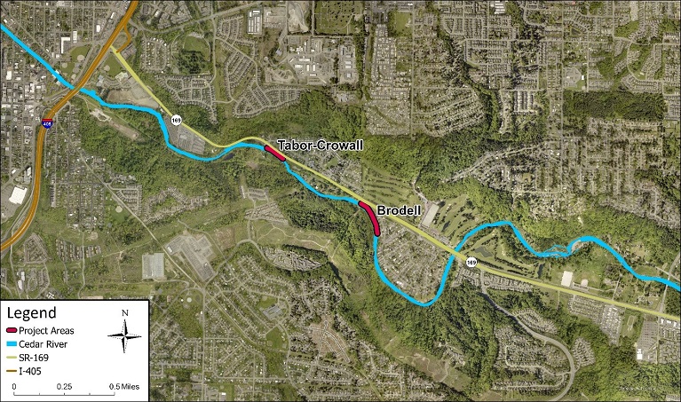 A map with the locations of the Tabor-Crowall and Brodell revetments in relation to the Maple Valley Highway.