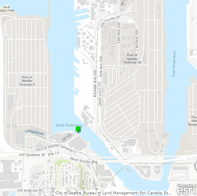 map displaying the location for the Chelan CSO at the West Waterway, directly north of the West Seattle Bridge. 