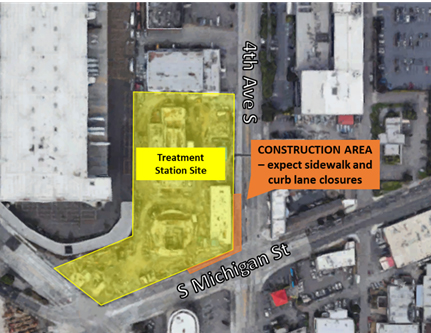 map displaying construction area next to treatment site. Sidewalk and curb lane closures. 
