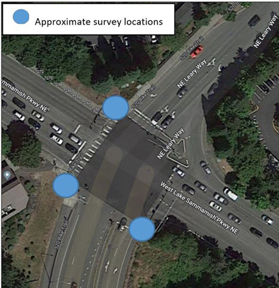 Between July 27 and August 1, crews will be at the intersection of West Lake Sammamish Parkway and Leary Way using cameras and other handheld equipment to view existing underground utilities