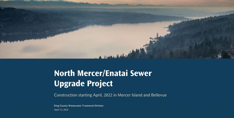 Aerial view of Lake Washington. Click Storymap: learn more about the North Mercer/Enatai Sewer Upgrade Project. 