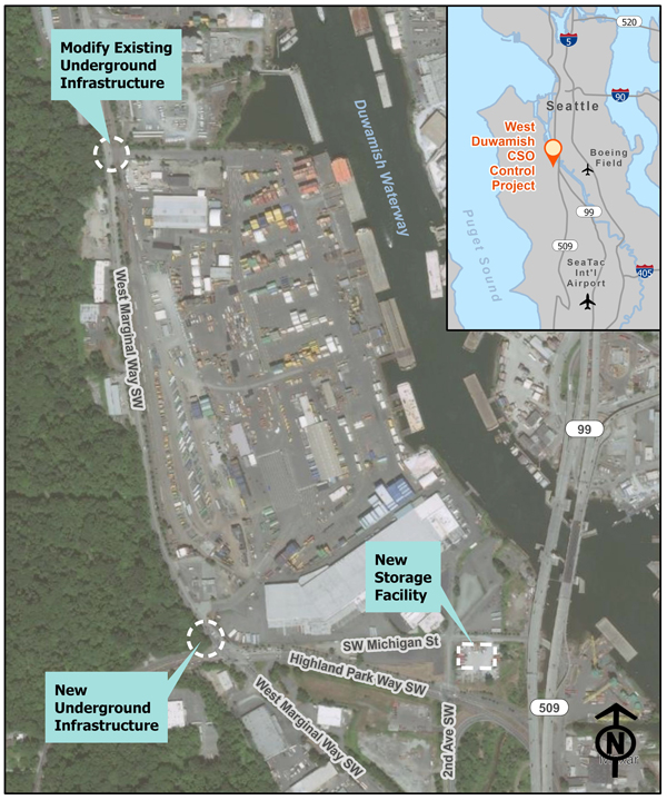 Map displaying location of new storage facility near the 1st avenue bridge (State Route 509), on the west bank of the Duwamish Waterway. Two additional underground structures, next to West Marginal Way SW, are part of the project.